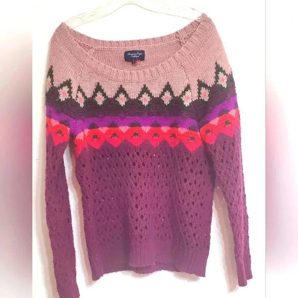 American Eagle Sweater Fair Isle Crew Neck wool blend Purple Orange Pinks Size L - Picture 9 of 13